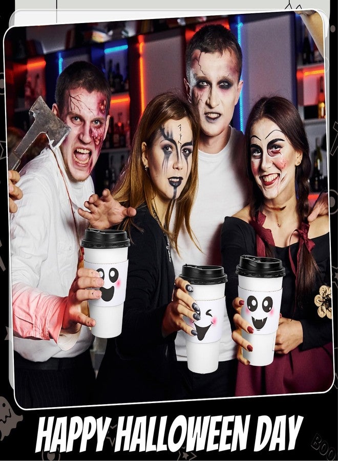 وولاين مجموعة أكواب قهوة ورقية من والين، 48 قطعة، بتصميم أشباح الهالوين، أكواب بيضاء لطيفة بتصميم شبح بو، سعة 16 أونصة، للاستخدام مرة واحدة، مع أغطية وأكمام، مناسبة للمشروبات الساخنة والباردة، لوازم حفلات أعياد الميلاد والعطلات، 4 تصاميم - Image 5